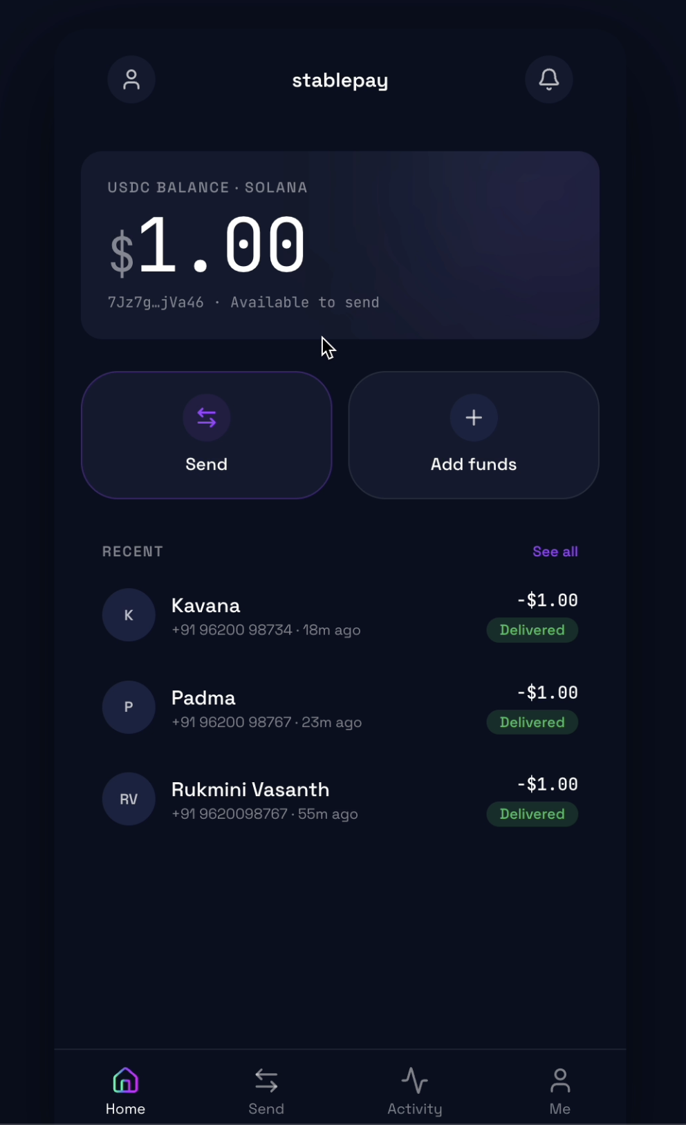 Home screen showing $1.00 USDC balance