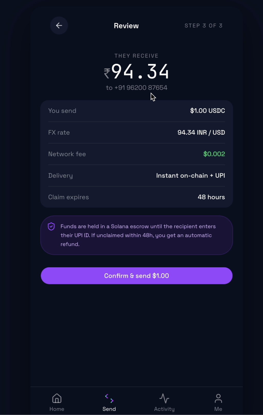 Review screen showing $1.00 USDC to INR conversion