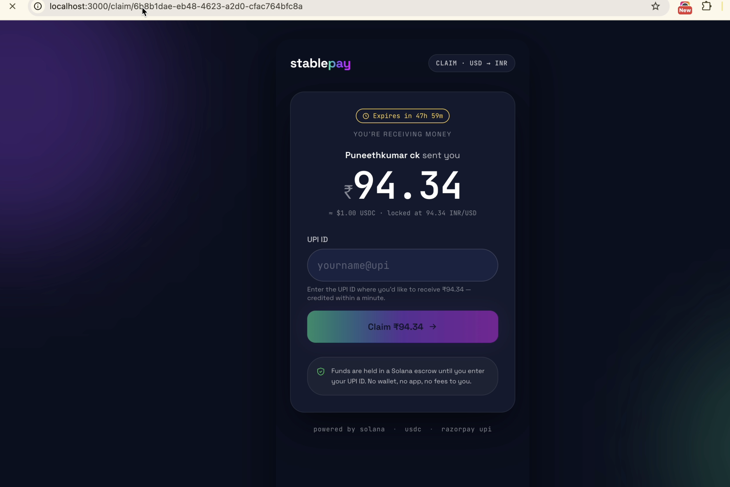 Claim page showing ₹94.34 with UPI input